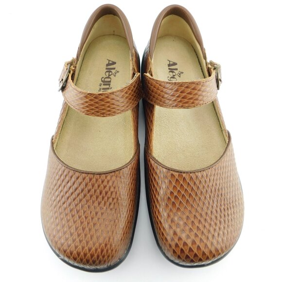 ALEGRIA Burnished Snake Print Leather Mary Jane Clogs Flats 38 - Picture 2 of 6